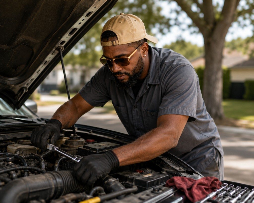 Broward Mobile Car Repair mechanic working under the hood in a customer's driveway