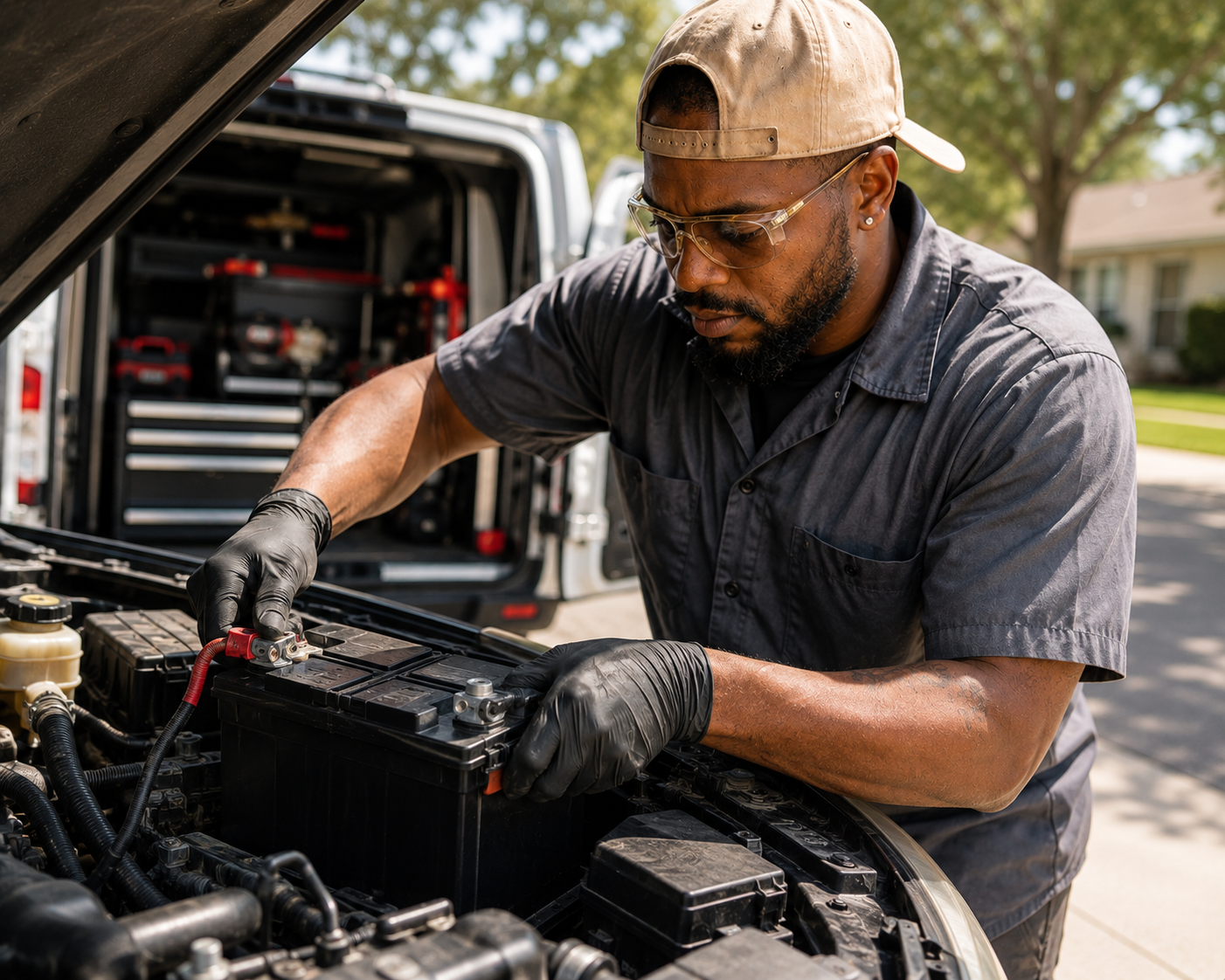 RayRay mechanic servicing a car battery from the mobile service van