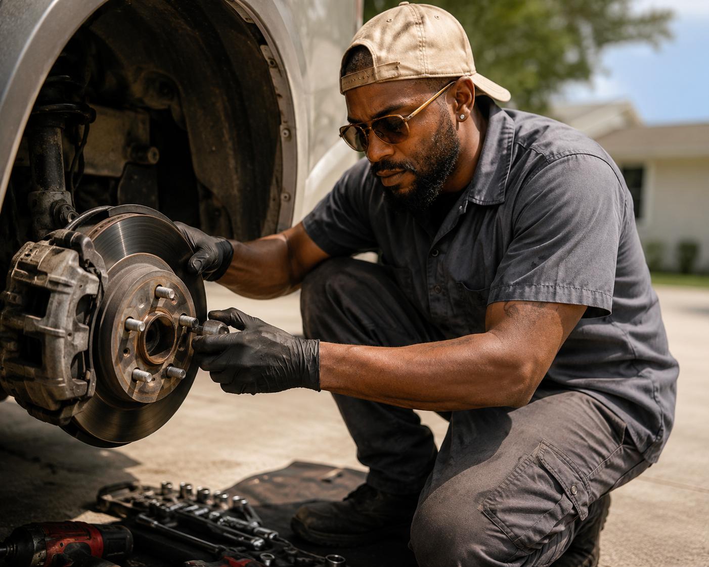 RayRay mechanic replacing brake rotors in a customer's driveway