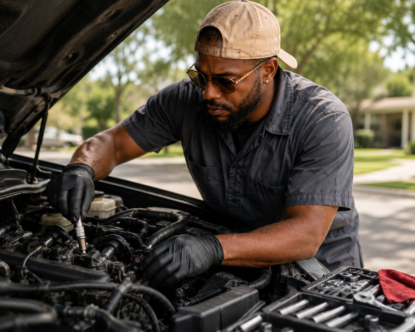 RayRay mechanic installing spark plugs during an engine tune-up