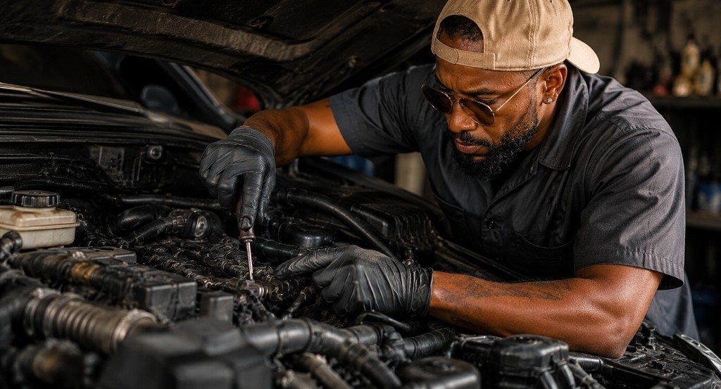 RayRay mechanic performing an engine tune-up under the hood
